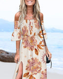 Tribal Print Off Shoulder Shirred Maxi Dress Bell Sleeve Side Split Vacation Dress