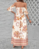 Tribal Print Off Shoulder Shirred Maxi Dress Bell Sleeve Side Split Vacation Dress