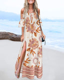 Tribal Print Off Shoulder Shirred Maxi Dress Bell Sleeve Side Split Vacation Dress