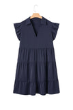 Navy Blue Collared V Neck Flutter Sleeve Tiered Plus Size Dress