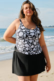 Black Plus Size Printed Square Neck Drawstring Ruffled Tankini Set