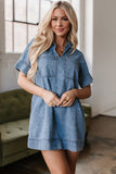 Beau Blue Short Sleeve Collared Patched Pocket Denim Mini Dress