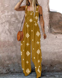 Embroidery Patchwork Thick Strap Square Neck Shirred Jumpsuit Wide Leg Vacation Overalls with Pockets