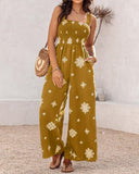 Embroidery Patchwork Thick Strap Square Neck Shirred Jumpsuit Wide Leg Vacation Overalls with Pockets