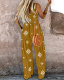 Embroidery Patchwork Thick Strap Square Neck Shirred Jumpsuit Wide Leg Vacation Overalls with Pockets