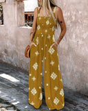 Embroidery Patchwork Thick Strap Square Neck Shirred Jumpsuit Wide Leg Vacation Overalls with Pockets