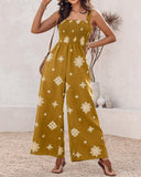 Graphic Print Thick Strap Square Neck Shirred Jumpsuit Wide Leg Vacation Overalls with Pockets