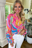 Pink Abstract Print Ruffled Sleeve Buttoned V Neck Blouse