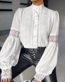 Lace Patch Lantern Sleeve Buttoned Top