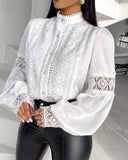 Lace Patch Lantern Sleeve Buttoned Top