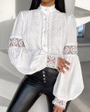 Lace Patch Lantern Sleeve Buttoned Top