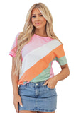 Pink Color Block Patchwork Seamed Crewneck T Shirt