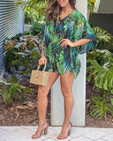 Tribal Print V Neck Batwing Sleeve Waist Romper Casual Loose Fit Holiday Jumpsuit