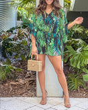 Tribal Print V Neck Batwing Sleeve Waist Romper Casual Loose Fit Holiday Jumpsuit