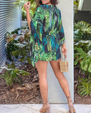 Tribal Print V Neck Batwing Sleeve Waist Romper Casual Loose Fit Holiday Jumpsuit