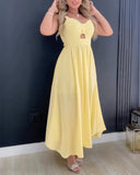 Plain Tied Detail Hollow out A Line Dress Casual Waist Spaghetti Strap Maxi Dress
