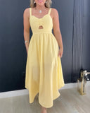 Plain Tied Detail Hollow out A Line Dress Casual Waist Spaghetti Strap Maxi Dress