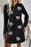Black Mardi Gras Hearts Sequin Patched Graphic Textured Long Sleeve Dress