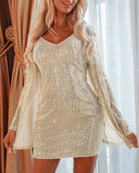 2 Piece Deep V Neck Allover Sequins Slim Fit Elasticity Bodycon Party Cardigan Set