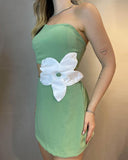 Colorblock 3D Flower Decor One Shoulder Sleeveless Dress Sexy Waist Hollow Out Slim Fit A Line Dress