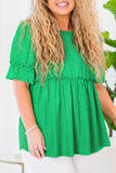 Green Textured Frilled Short Sleeve Plus Size Babydoll Blouse