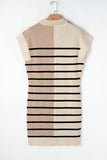 Khaki Stripe Color Block Quarter Zip Collar Short Sleeve Sweater Dress