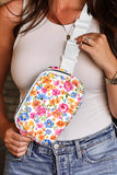 White Flower Print Buckle Wide Strap Crossbody Bag