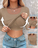 U Neck Long Sleeve Built In Bra Shirt Casual Seamless Slim Fit Top