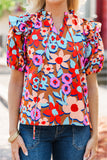 Brown Flower Print Self Tie Frilled Collar Puff Sleeve Blouse