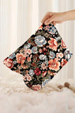 Black Flower Print Zipper Ribbed Corduroy Large Makeup Bag