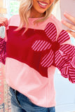 Pink Floral Patch Color Block Striped Sleeve Textured Top