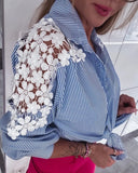 Striped Turn down Collar Long Sleeve Contrast Lace Shirt Casual Tied Detail Blouse