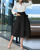 Colorblock Turn down Collar Long Sleeve Shirt Dress Casual Tied Detail Pocket Design Dress