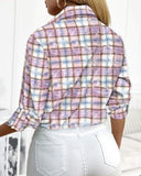 Plaid Print Roll Tab Sleeve Button Down Distressed Top