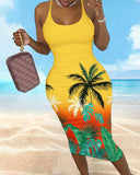 Tropical Coconut Tree Print Hollow Out Bodycon Dress