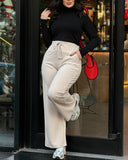 High Waist Drawstring Elastic Waist Wide Leg Casual Pants