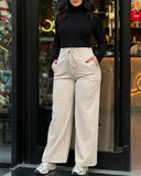 High Waist Drawstring Elastic Waist Wide Leg Casual Pants