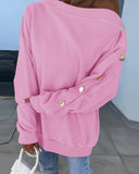 Skew Neck Buttoned Drop Shoulder Sweatshirt