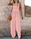 Embroidery Patchwork Thick Strap Square Neck Shirred Jumpsuit Wide Leg Vacation Overalls with Pockets