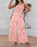 Embroidery Patchwork Thick Strap Square Neck Shirred Jumpsuit Wide Leg Vacation Overalls with Pockets