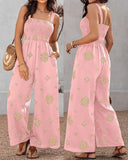 Embroidery Patchwork Thick Strap Square Neck Shirred Jumpsuit Wide Leg Vacation Overalls with Pockets