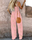 Embroidery Patchwork Thick Strap Square Neck Shirred Jumpsuit Wide Leg Vacation Overalls with Pockets