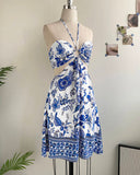 Floral Print Halter Tied Detail Elastic Shirred Back Mini Dress Casual A Line Dress