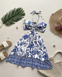 Floral Print Halter Tied Detail Elastic Shirred Back Mini Dress Casual A Line Dress