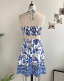 Floral Print Halter Tied Detail Elastic Shirred Back Mini Dress Casual Hollow Out A Line Vacation Dress