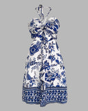 Floral Print Halter Tied Detail Elastic Shirred Back Mini Dress Casual Hollow Out A Line Vacation Dress