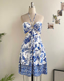 Floral Print Halter Tied Detail Elastic Shirred Back Mini Dress Casual Hollow Out A Line Vacation Dress