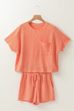 Pale Chestnut Textured Patched Pocket Short Sleeve Top Drawstring Shorts Set