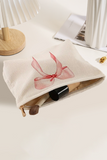 Light Pink Bowknot Pattern Print Corduroy Zipper Large Cosmetic Bag