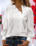 Jacquard & Argyle Pattern Asymmetrical V Neck Button Decor Long Sleeve T shirt Casual Hollow out Top